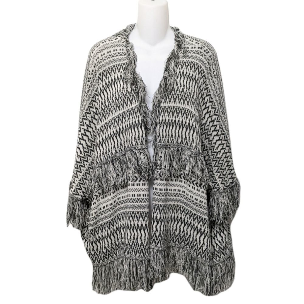 MILLAU Boho Chevron Fringe Oversized Open Poncho Cardigan S